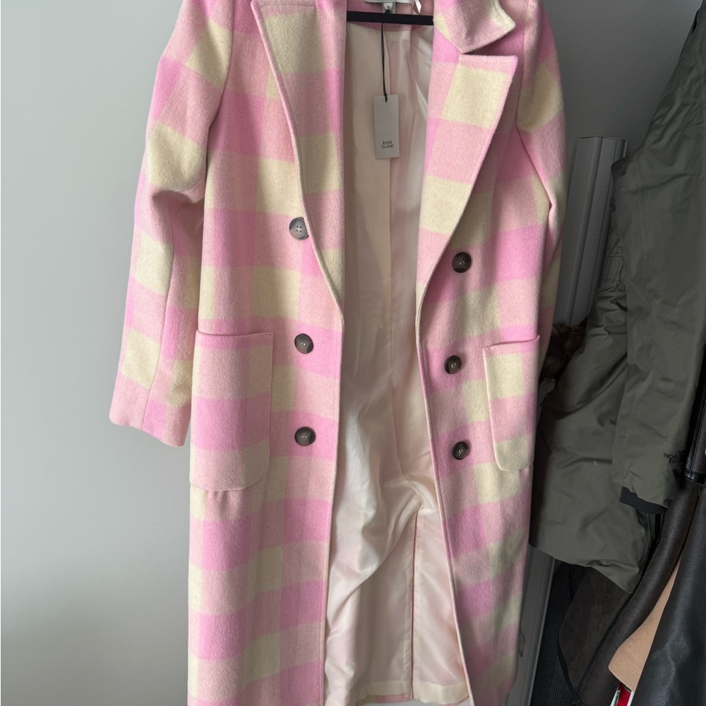 NWT River Island Pink and Cream Checkered Trench Coat